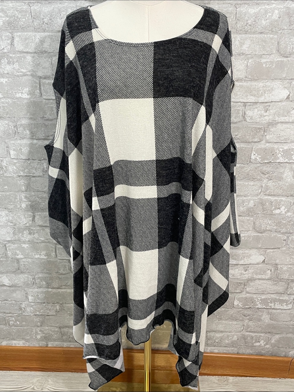 Three Bird Nest Black and White Buffalo Plaid Oversized Poncho Top